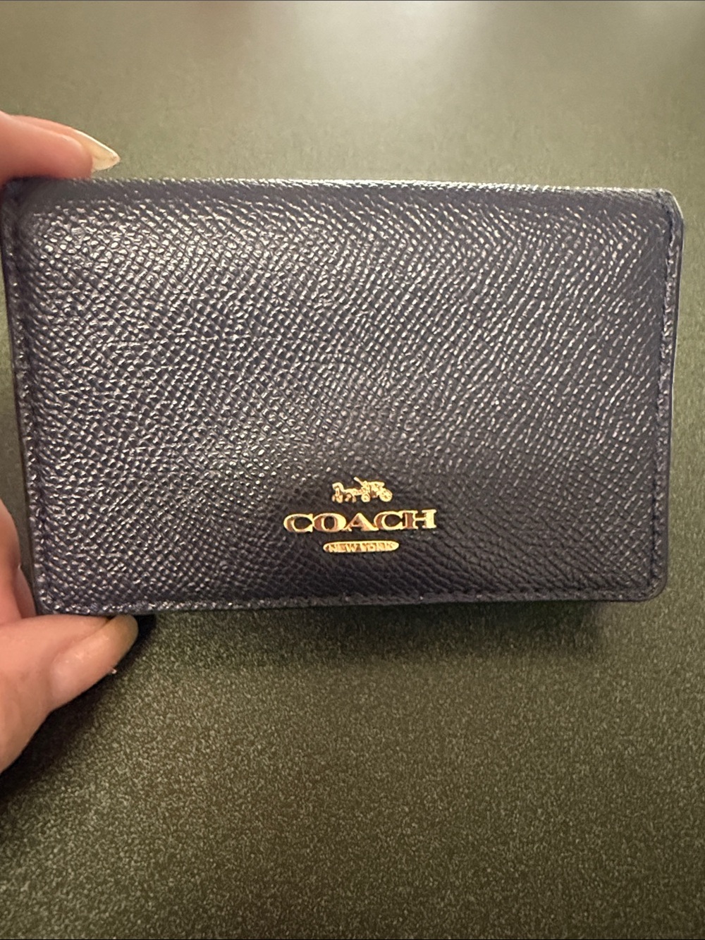 Coach Navy Leather Card Holder with Gold Logo
